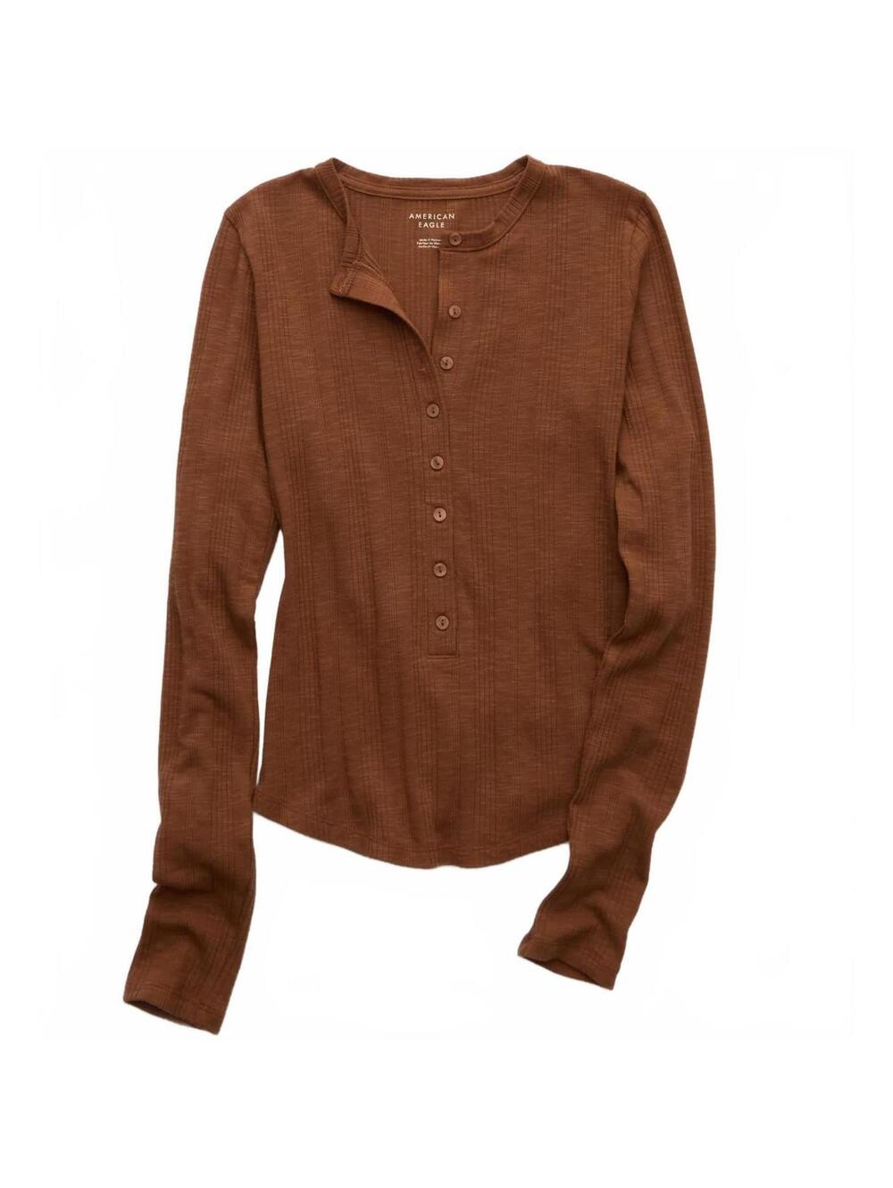AE Cotton Blend Long Sleeve Henley T-Shirt Amber Brown XS